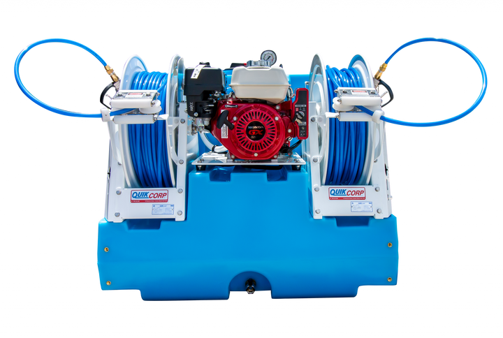 QR400-Single Reel - Single 100m 12V Reel, 6.5 HP Honda Motor, Manual Start, Bertolini PA430 triple diaphragm pump (40L/m-580psi), direct coupled, 400L L-shaped tank with tank drain and sight tube