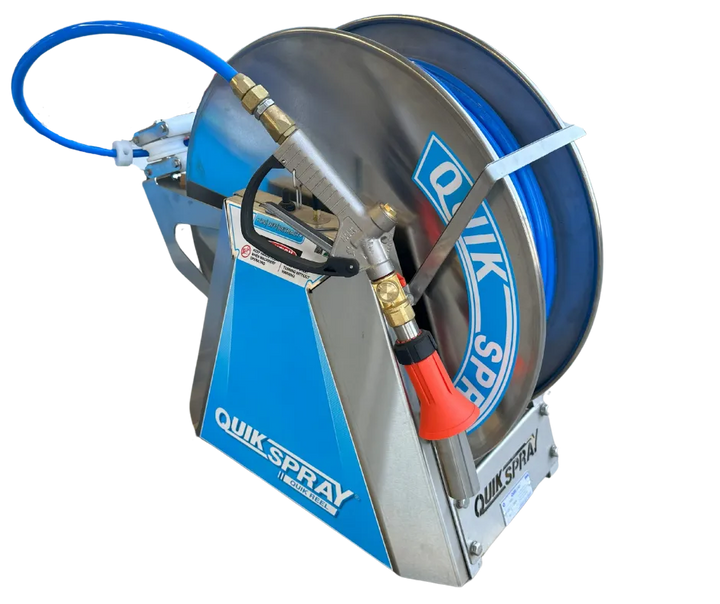 Stainless Steel - Single reel with radio control retraction system -12 Volt, 150 watt High Power, Low Rev, Electric motor -Stainless Steel framework & hose reel with 100m 'Supa-Slip' nylon hose 12mm O.D. 1000psi BP (3/8" ID) - no gun