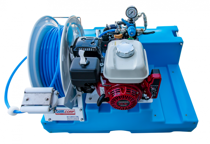 QR400-Single Reel - Single 100m 12V Reel, 6.5 HP Honda Motor, Manual Start, Bertolini PA430 triple diaphragm pump (40L/m-580psi), direct coupled, 400L L-shaped tank with tank drain and sight tube