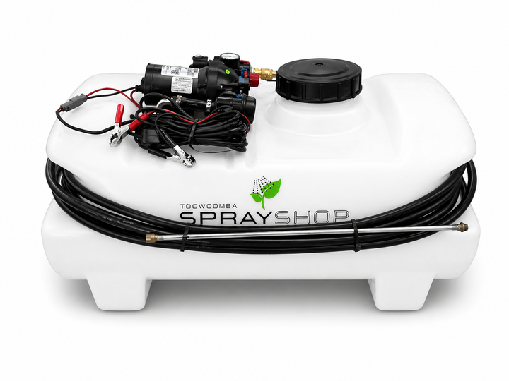 TSS-100E.15 100Ltr sprayer w/- 10mtr hose, RL10 spray gun, 60psi 15L/m Flojet pump, regulator and gauge. (830L x 520W x 400H) 16Kg dry weight.