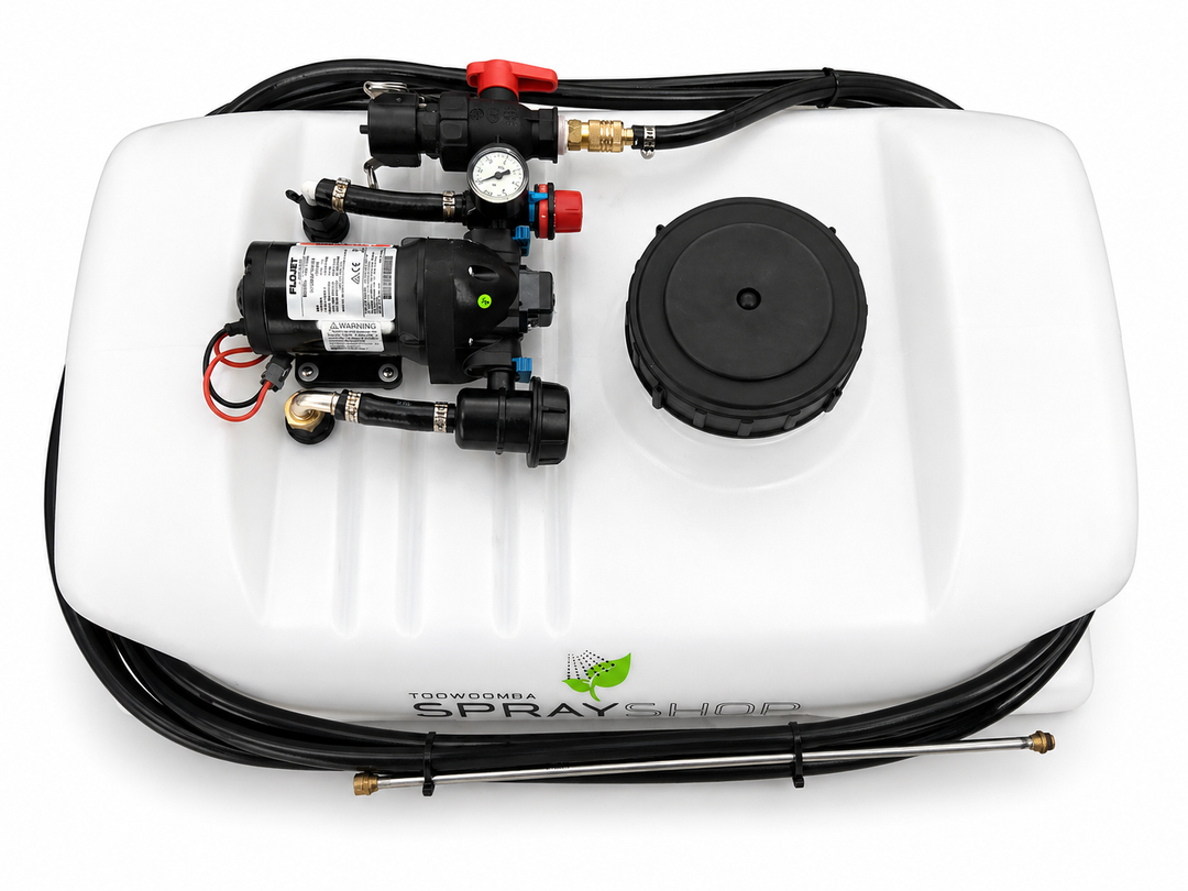 TSS-100E.15 100Ltr sprayer w/- 10mtr hose, RL10 spray gun, 60psi 15L/m Flojet pump, regulator and gauge. (830L x 520W x 400H) 16Kg dry weight.