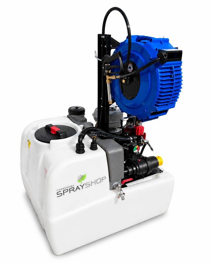 TSS-250P-AR252 250L traymount sprayer, Honda-powered 25 L/min AR pump, 20m retractable hose reel and B35 Spot spray gun. (920L x 760W x 1250H) 92Kg dry weight.