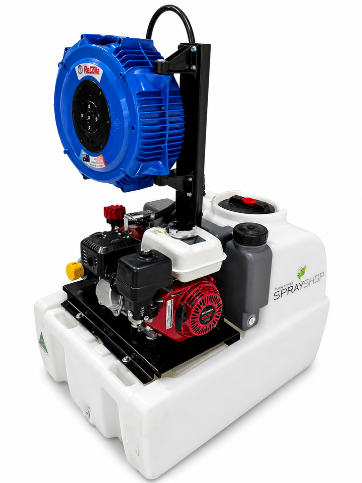 TSS-250P-AR252 250L traymount sprayer, Honda-powered 25 L/min AR pump, 20m retractable hose reel and B35 Spot spray gun. (920L x 760W x 1250H) 92Kg dry weight.