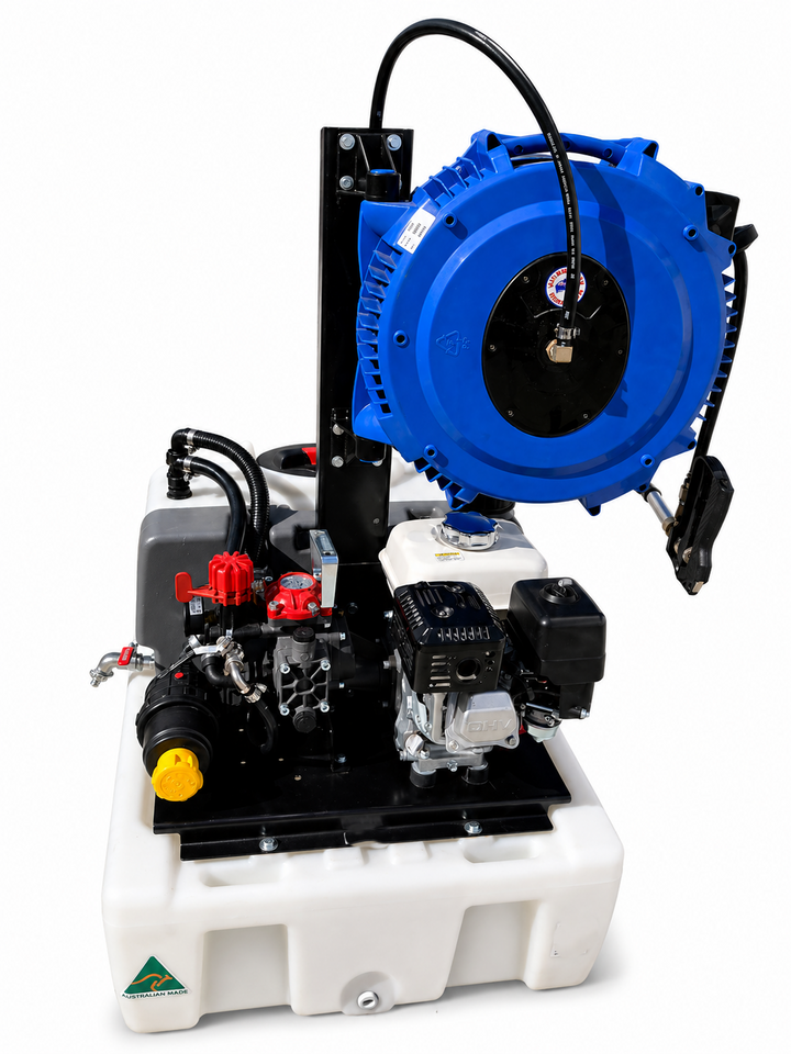 TSS-250P-AR252 250L traymount sprayer, Honda-powered 25 L/min AR pump, 20m retractable hose reel and B35 Spot spray gun. (920L x 760W x 1250H) 92Kg dry weight.