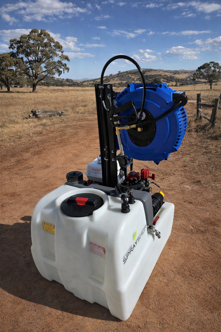 TSS-250P-AR252 250L traymount sprayer, Honda-powered 25 L/min AR pump, 20m retractable hose reel and B35 Spot spray gun. (920L x 760W x 1250H) 92Kg dry weight.