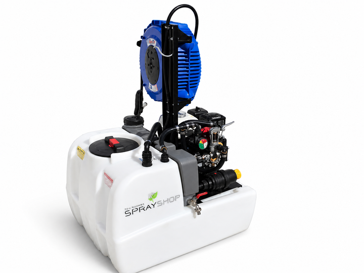 TSS-250P-AR30 250L traymount sprayer, Honda-powered 35 L/min AR pump, 20m retractable hose reel and B35 Spot spray gun. (920L x 760W x 1250H) 94Kg dry weight.