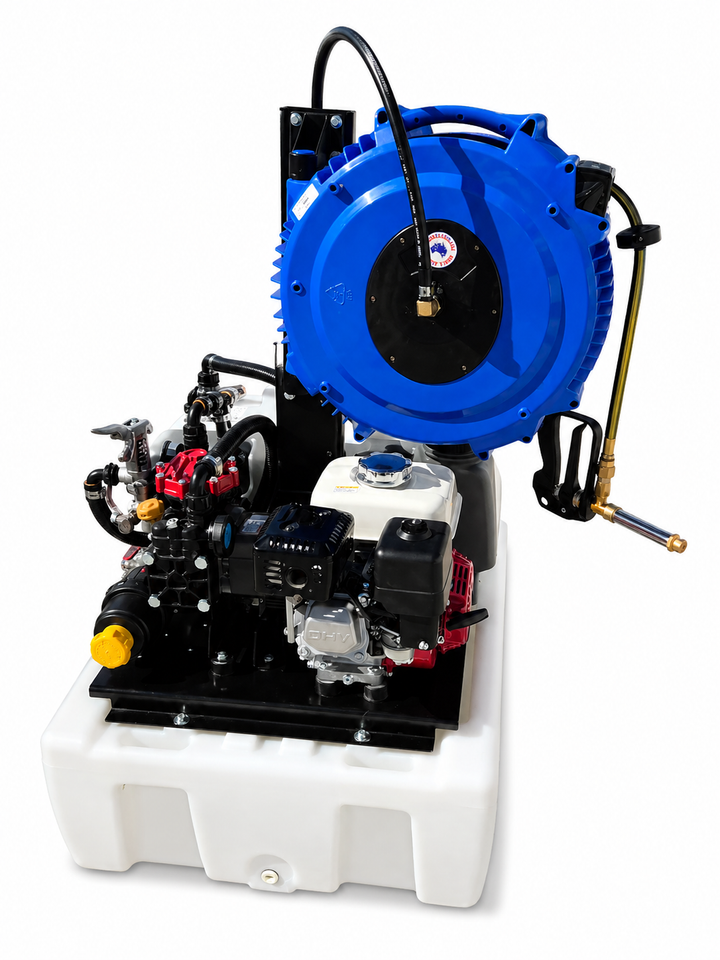 TSS-250P-AR30 250L traymount sprayer, Honda-powered 35 L/min AR pump, 20m retractable hose reel and B35 Spot spray gun. (920L x 760W x 1250H) 94Kg dry weight.