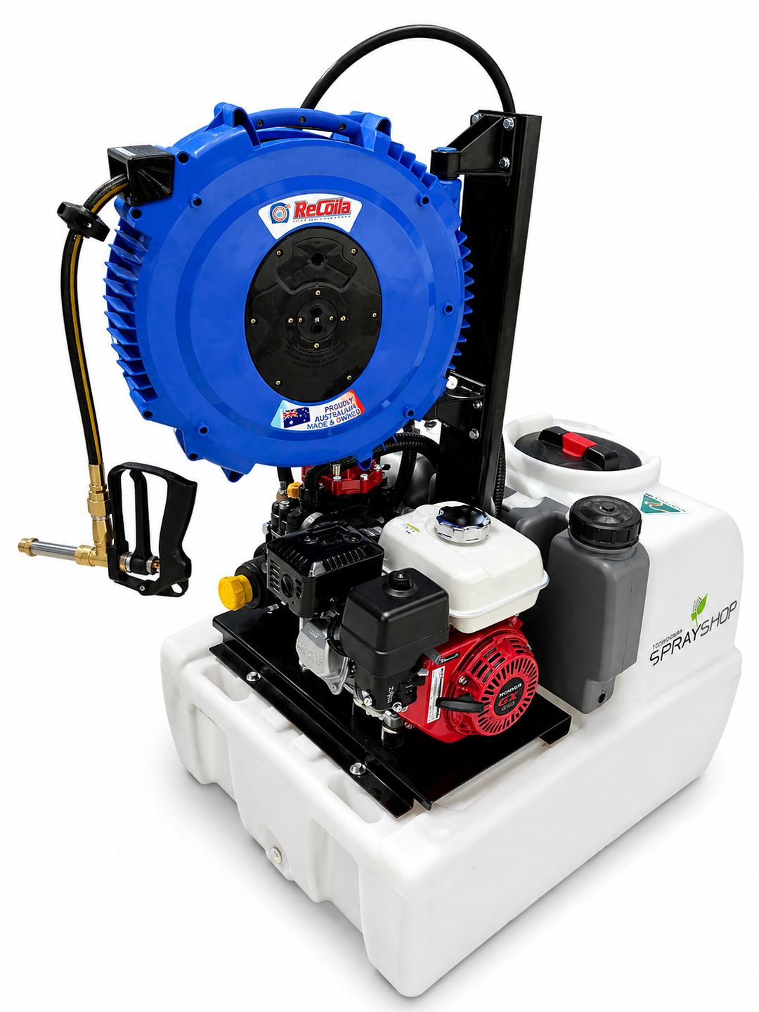 TSS-250P-AR30 250L traymount sprayer, Honda-powered 35 L/min AR pump, 20m retractable hose reel and B35 Spot spray gun. (920L x 760W x 1250H) 94Kg dry weight.
