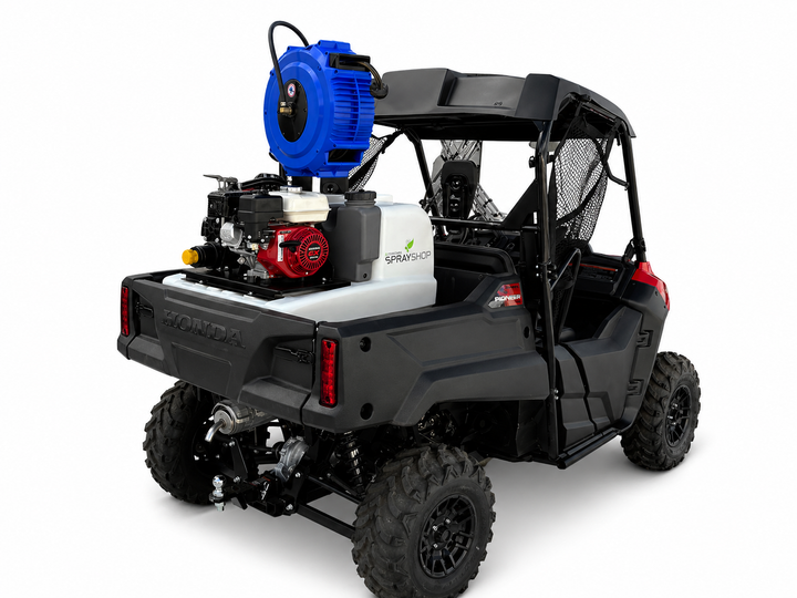 TSS-250P-AR30 250L traymount sprayer, Honda-powered 35 L/min AR pump, 20m retractable hose reel and B35 Spot spray gun. (920L x 760W x 1250H) 94Kg dry weight.