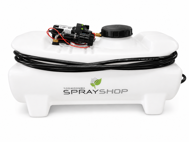 TSS-100E.15 100Ltr sprayer w/- 10mtr hose, RL10 spray gun, 60psi 15L/m Flojet pump, regulator and gauge. (830L x 520W x 400H) 16Kg dry weight.