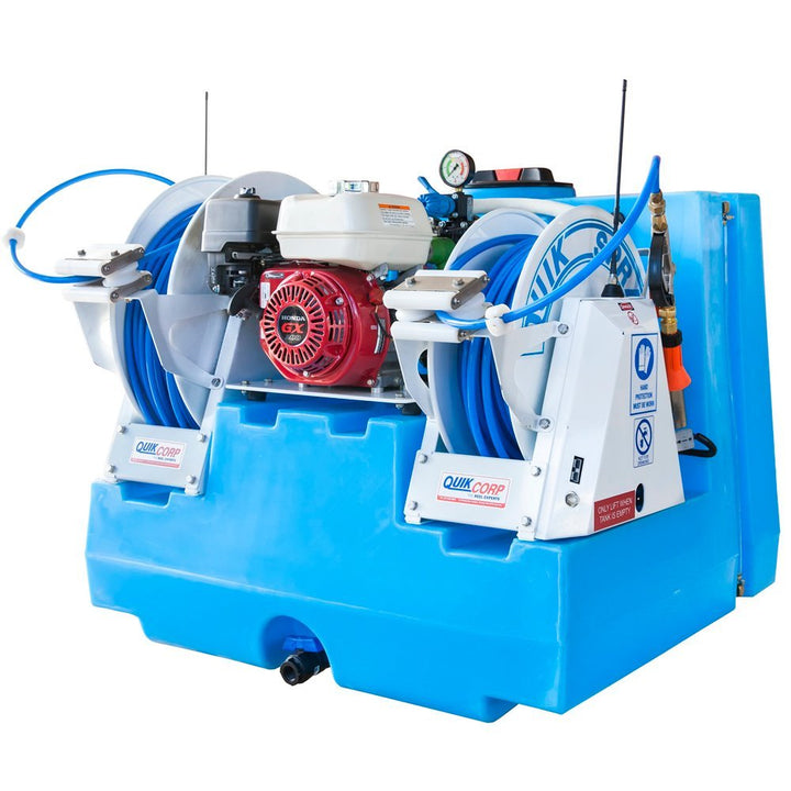 QR400-Single Reel - Single 100m 12V Reel, 6.5 HP Honda Motor, Manual Start, Bertolini PA430 triple diaphragm pump (40L/m-580psi), direct coupled, 400L L-shaped tank with tank drain and sight tube